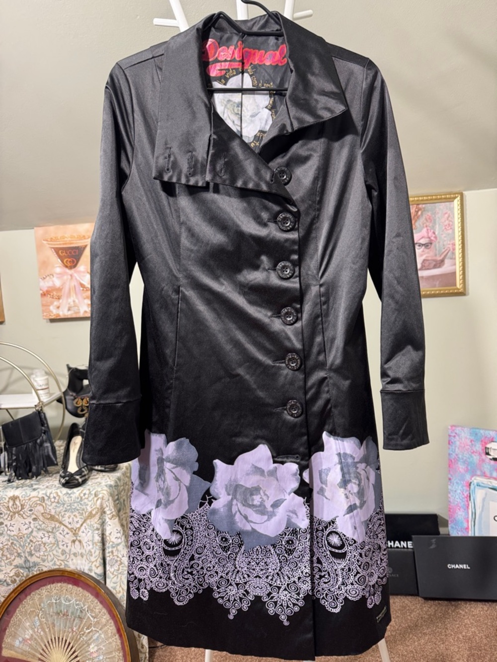 Nwot Desigual Black Satin Trench With Painted Lavender Floral Border Statement!